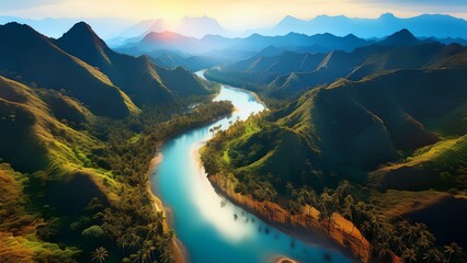 Picturesque reservoir against the backdrop of mountains. Mountain river flows into a lake surrounded by high mountains and palm trees.