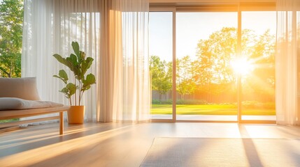 Sunlight Gently Illuminates Modern Living Room Interior Photo: Wide Shot. AI Generated
