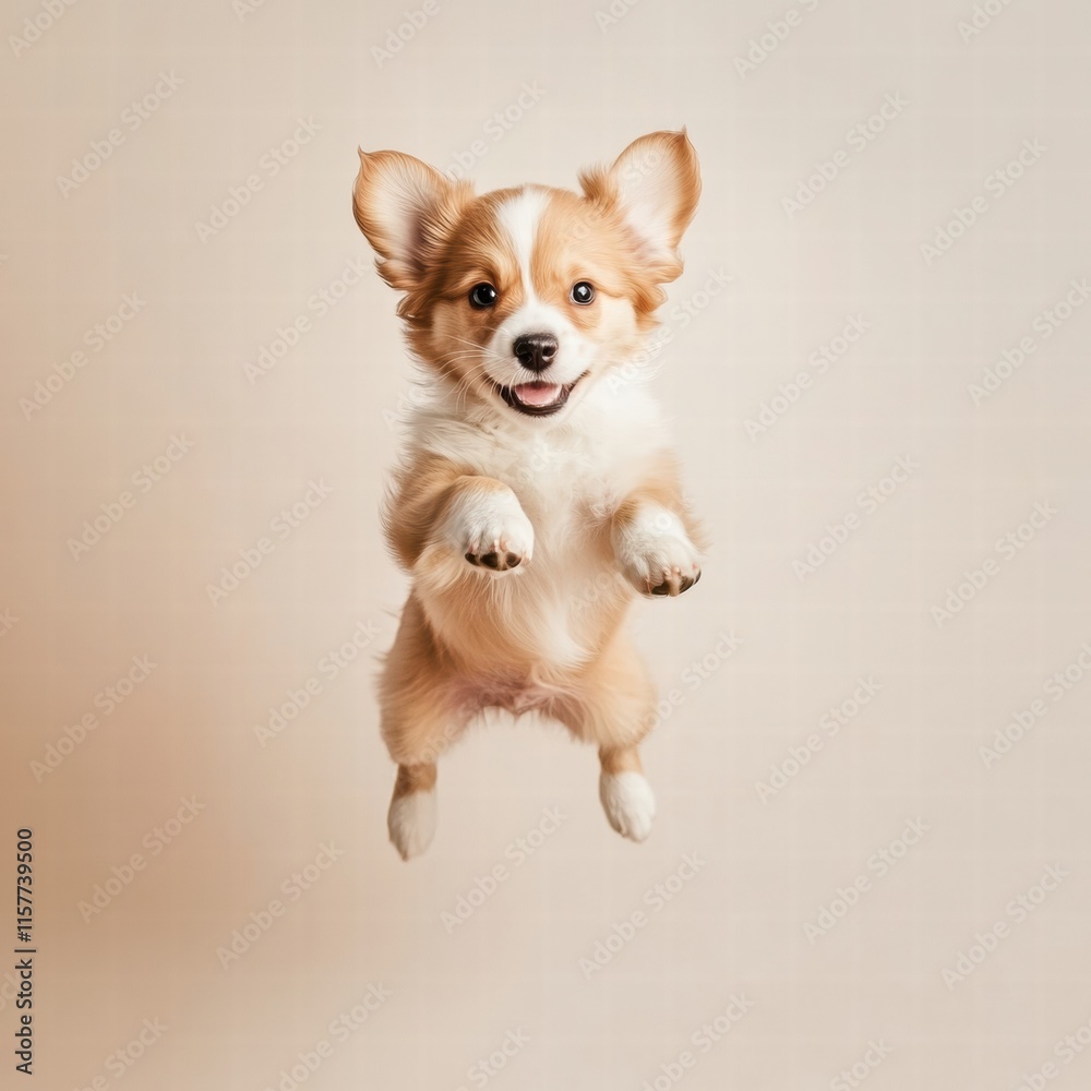 Aufkleber joyful puppy jumps in mid air with playful energy and empty background for creative designs. generat