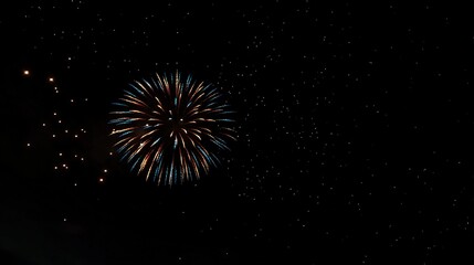 Fototapeta premium Vibrant and Simple Fireworks Display in Night Sky with Colorful Bursts of Red, Blue, and Gold, Gently Illuminating Surroundings, Set Against Dark Backdrop with Scattered Stars, Ultra Realistic Masterp