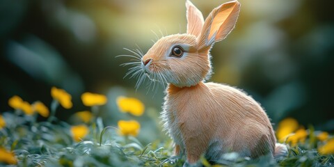 Fototapeta premium A rabbit sitting among bright yellow flowers