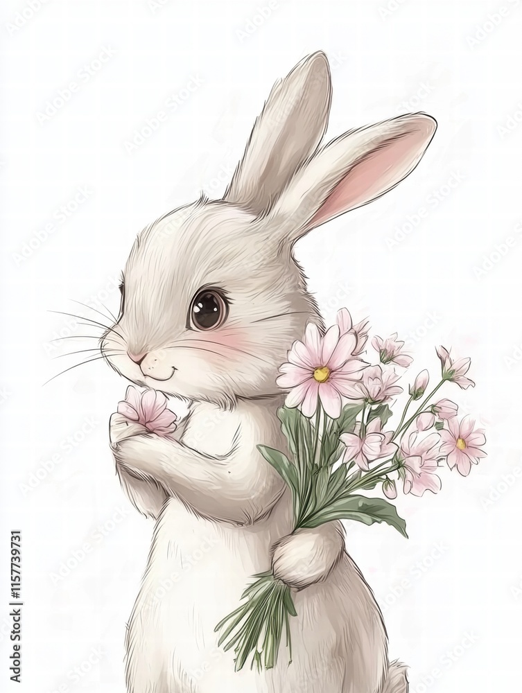 Poster Cuddly rabbit with a flower bouquet in a bright setting ready for a heartfelt message. Generative AI