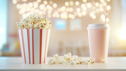 Cozy cinema night: popcorn and drink in soft ambient lighting