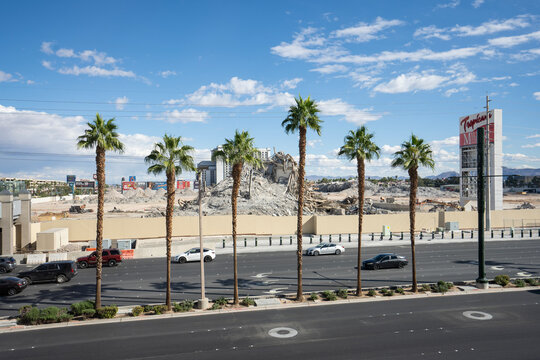 Las Vegas, NV, USA - Oct 29, 2024: Demolition site of Tropicana after implosion seen from across the Strip. The demolition was part of a plan to make way for a new MLB stadium for Oakland Athletics.