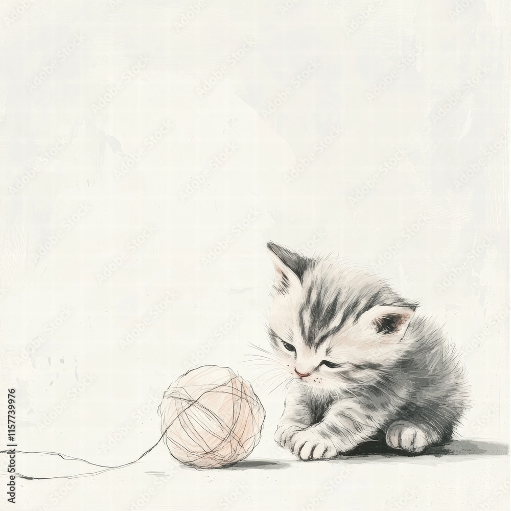 Aufkleber cute kitten joyfully playing with a ball of yarn in a cozy indoor setting with room for text. genera