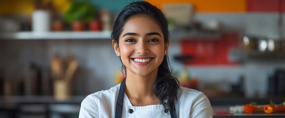 A smiling chef in a kitchen, showcasing a warm and inviting atmosphere.
