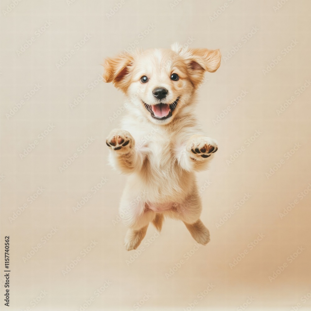 Aufkleber Joyful puppy leaps high with excitement, showcasing playful spirit and energy in a light setting with ample space for text. Generative AI