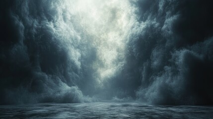 A dramatic sky filled with dark clouds and a luminous light source breaking through.