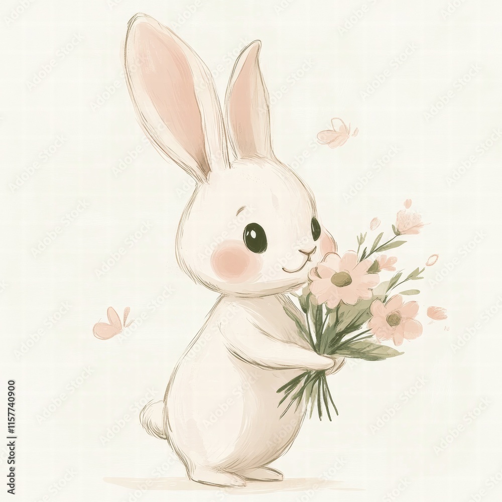 Poster cute rabbit with a bouquet of flowers ready to brighten up any space with its charm and cuteness. ge