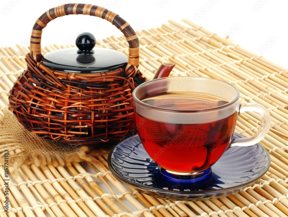 Wall mural A cup of tea with a Chinese symbol on it and cinnamon sticks on a wooden tray