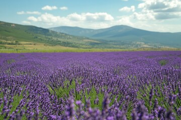 Fototapeta premium Expansive field of vibrant purple flowers under a clear blue sky in a mountainous landscape