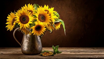 sunflowers in a jug on wooden table
