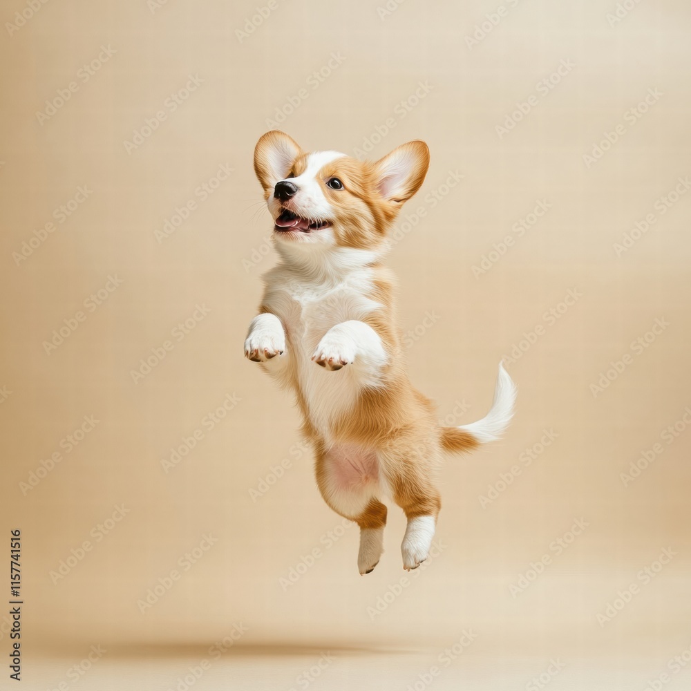 Aufkleber Joyful puppy leaps in mid air against a soft beige background with space for additional text and imagery. Generative AI