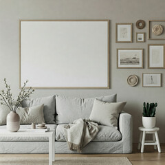 Frame mockup, Living room wall poster mockup. Interior mockup with house background. Modern interior design. 