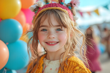 Fototapeta premium Joyful children participating in a carnival, wearing fun costumes and playing with colorful balloons under a festive archway