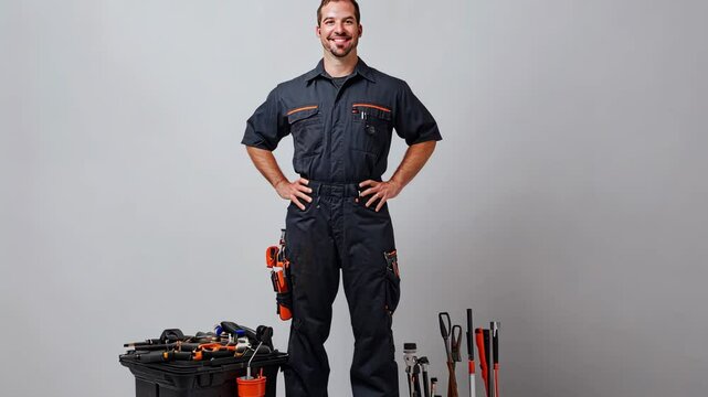 Confident plumber with tools posing with hands on hips against neutral background