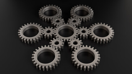 Illustration of an intricate system of metallic gears on a black background, representing the complexity and precision of mechanical engineering. Ideal for illustrating teamwork concept.