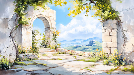 Obraz premium Serene Digital Painting: Sunlit Ruins Reveal Distant Hills. AI Generated