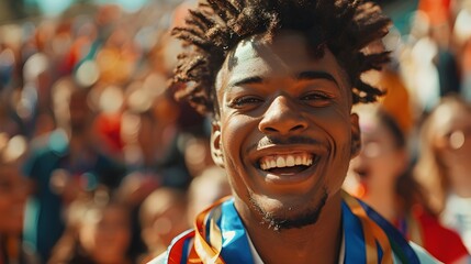 Obraz premium Triumphant Athlete Receiving Sports Award at Celebratory Ceremony with Cheering Crowd