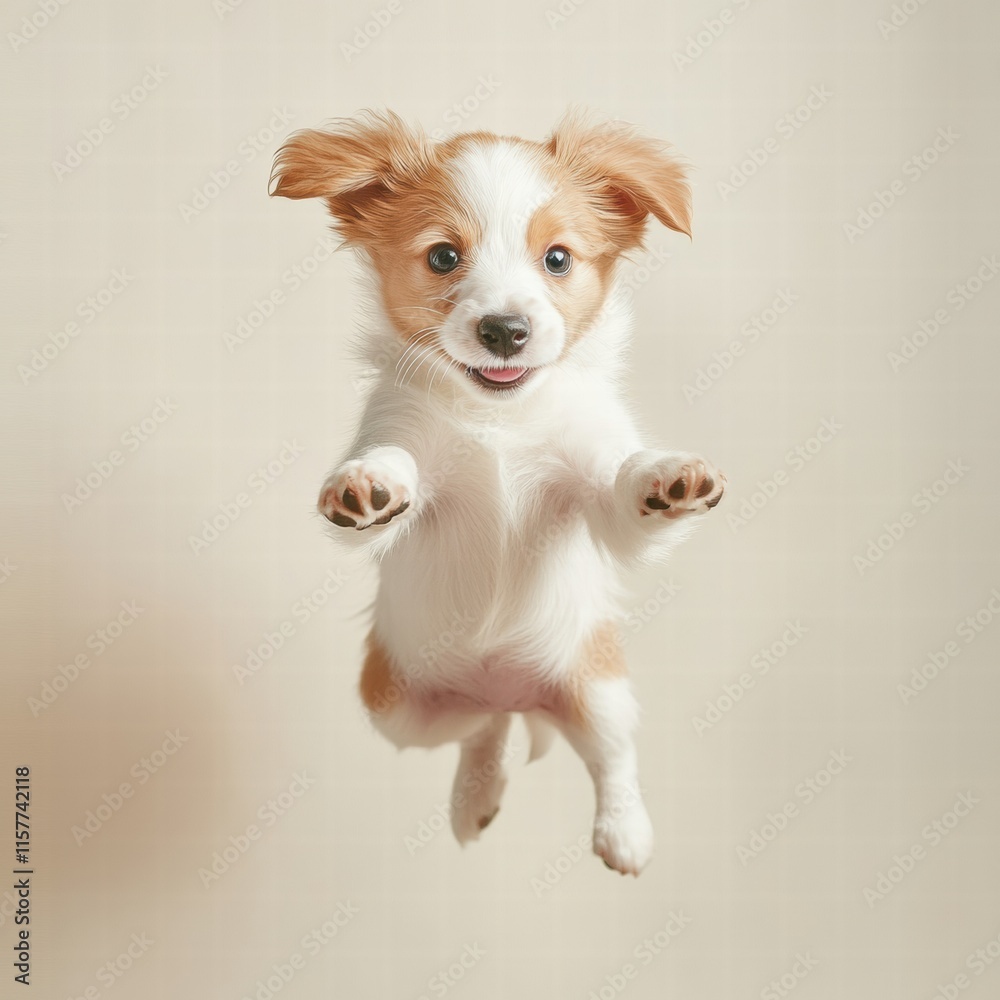Aufkleber Joyful puppy jumps with excitement against a simple background perfect for text placement and creativity. Generative AI