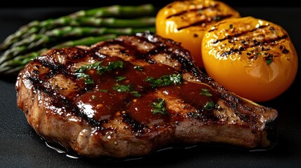 Grilled pork chop with sauce, asparagus, and grilled yellow tomatoes.