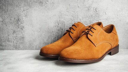 Elegant Brown Suede Leather Dress Shoes on Concrete Background