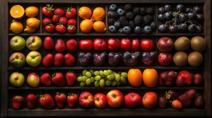 Rows of fresh natural fruits on the shelves at a supermarket. Organic fruits for sale at a grocery store