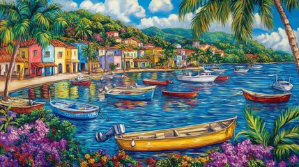 Obraz premium Colorful Boats in a Tropical Village Bay