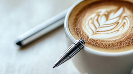 Close-up of latte art in a cup with a pen.