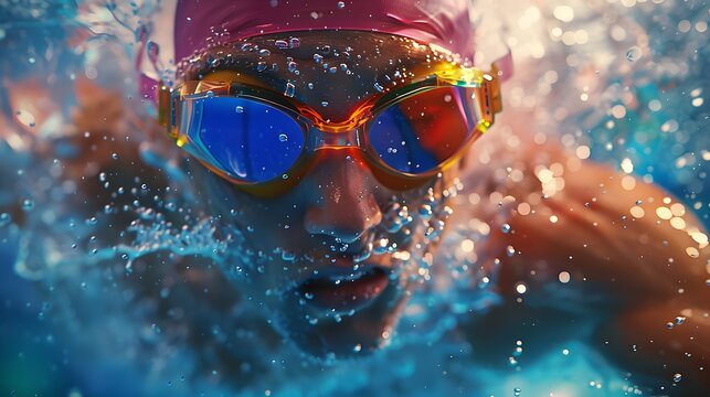 Close up of Swimmer Performing Detailed Breaststroke Amid Vibrant Water Spray