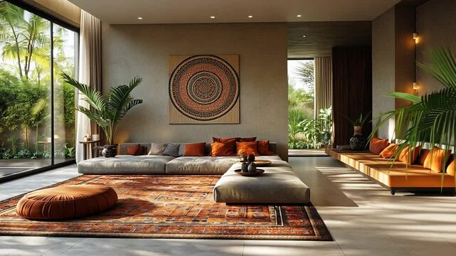 Modern living room with boho chic decor and tropical views