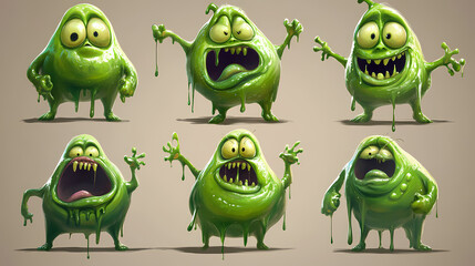 Six green slimy monsters with different expressions. Velutinous. Illustration