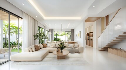 Fototapeta premium Serene Modern Living Room: Stylish 3D Render Interior Design. AI Generated