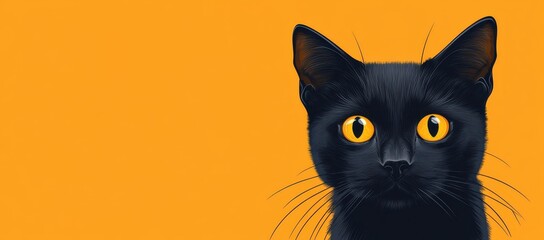 A black cat, isolated on an orange background with copy space, serves as a banner for a Halloween party concept. The cute, fluffy black pet's portrait