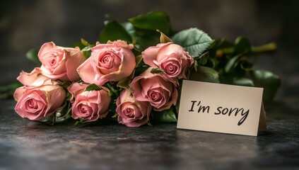 A bouquet of pink roses with an white envelope that says "I'm sorry"