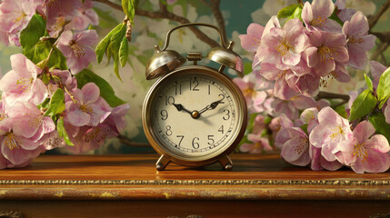 Vintage Clock Amidst Blossoming Cherry Flowers on Wooden Mantelpiece