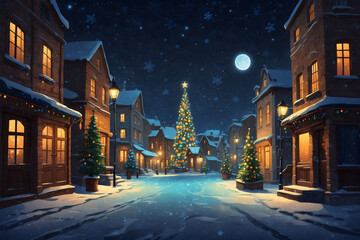 Naklejka premium A snowy old town street adorned with a big vibrant Christmas tree in center, glowing under blue starry sky and moonlight in a magical winter night scene, snow and snowflakes falls background, card