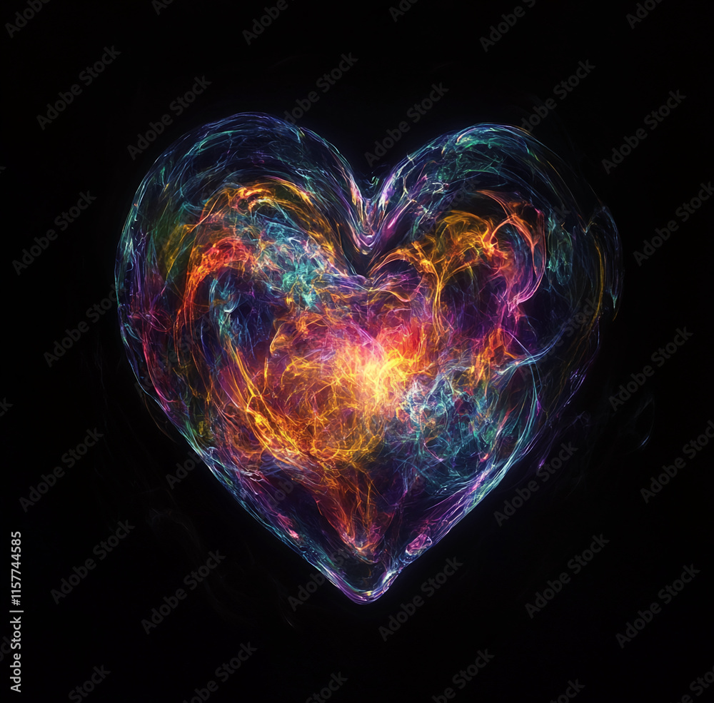 Poster vibrant abstract heart with multicolored light streaks on a dark background