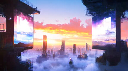 Fototapeta premium Stunning Futuristic Cityscape Digital Painting: Vibrant Sunset, Cloud-Shrouded Metropolis. AI Generated