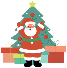 Santa Claus near the Christmas tree with gifts, sticker.