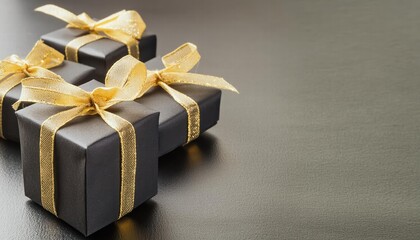 Elegant Black Christmas Boxes with Golden Ribbon on a Black Background Perfect for Black Friday and Cyber Monday Sales, Gift Giving, and Holiday Celebrations