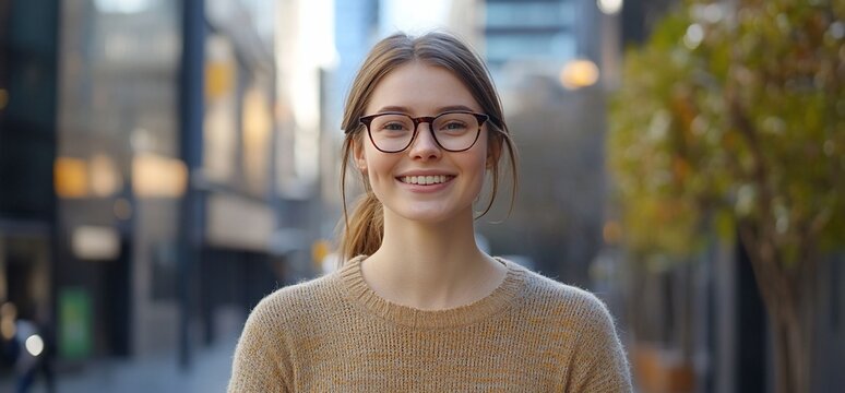 A smiling young woman outdoors, showcasing a friendly and inviting demeanor.