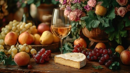 A close-up of a beautifully arranged table with a wine glass, cheese, and fruits, with a blank space for text