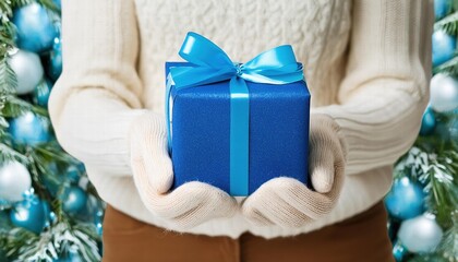 Blaues Weihnachtsgeschenk in den Hnden halten Ein festliches Bild, das die Freude und Aufregung des Schenkens und Empfangens von Geschenken whrend der Weihnachtszeit einfngt.