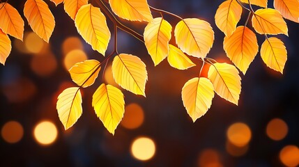 Close-up Photo: Glowing Autumn Leaves Gracefully Hanging Against a Softly Blurred Night Background. AI Generated