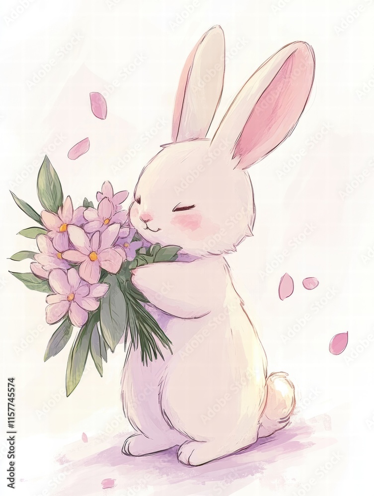 Poster Cuddly rabbit with a bouquet of flowers and space for custom text in a whimsical illustration. Generative AI