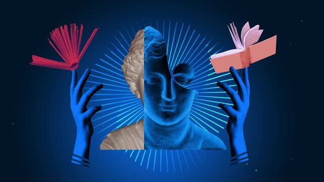 Abstract human antique statue and books. Creative idea symbol, art design or collage. Mental Health, thinking, psychology, education, intellectual development concept