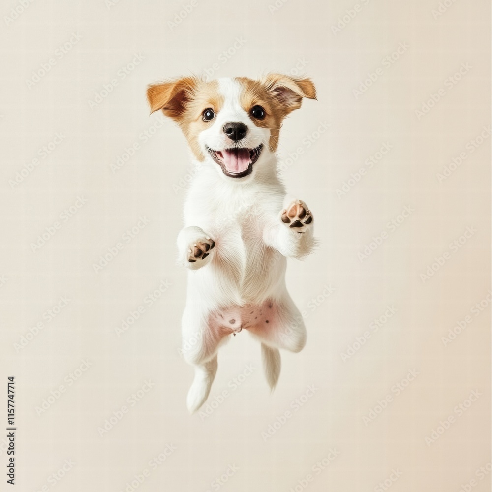 Aufkleber joyful puppy leaps in mid air, displaying exuberance and playfulness in a bright and airy space. gen