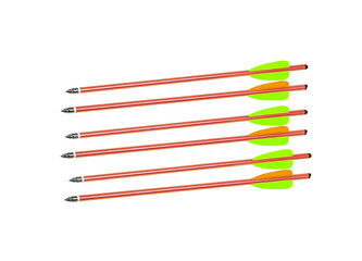 Six orange arrows with green and orange fletching, arranged in parallel on a white background.