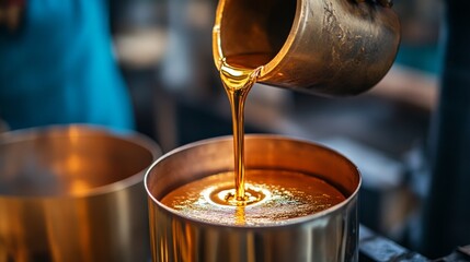 Molten Gold Flowing into Cylindrical Molds at Refinery